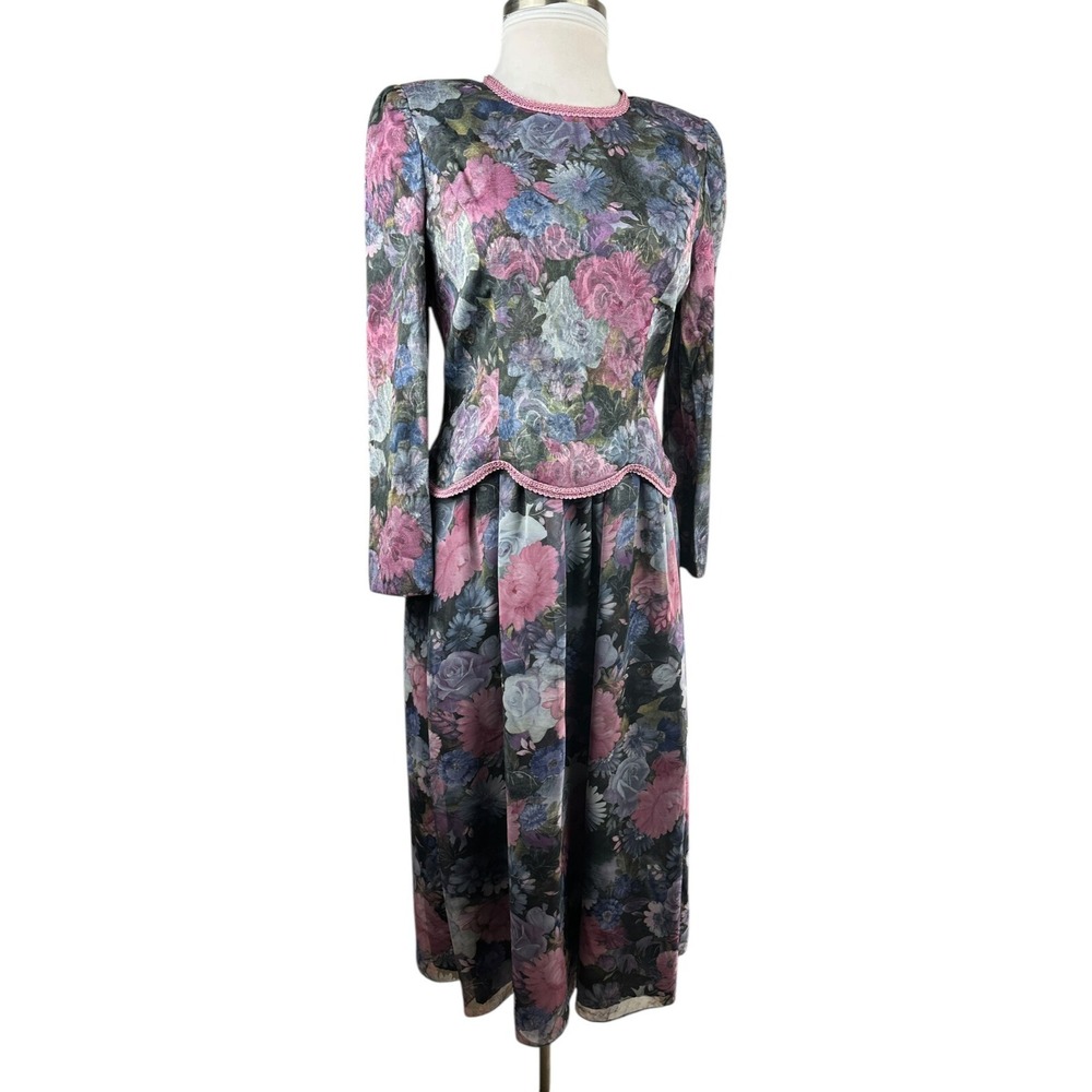 Vintage Unbranded Floral Peplum Dress Secretary Romantic Prairie Layered Size 16 - Picture 3 of 16
